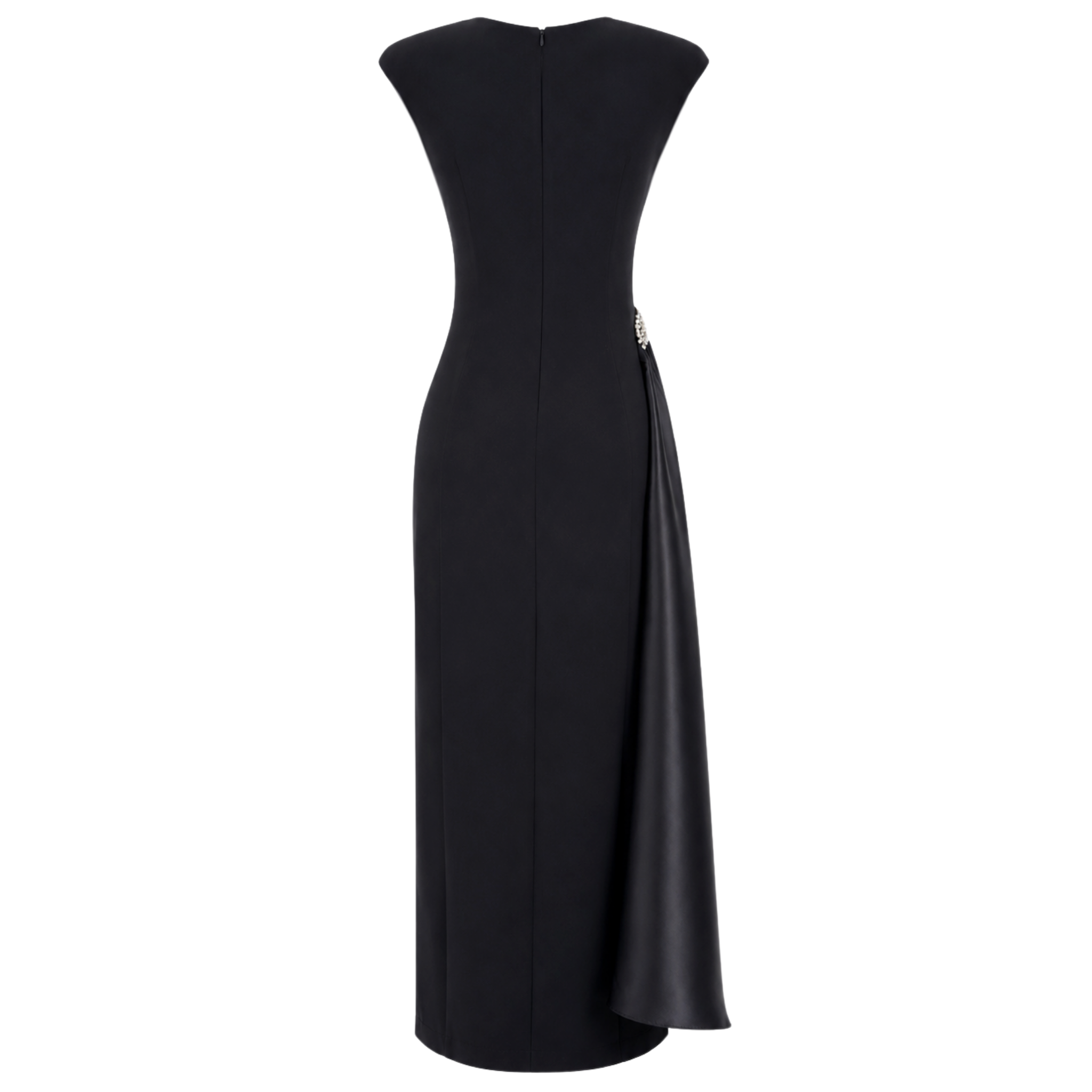 STONE-EMBROIDERED FABRIC MIX DRAPED DRESS BLACK