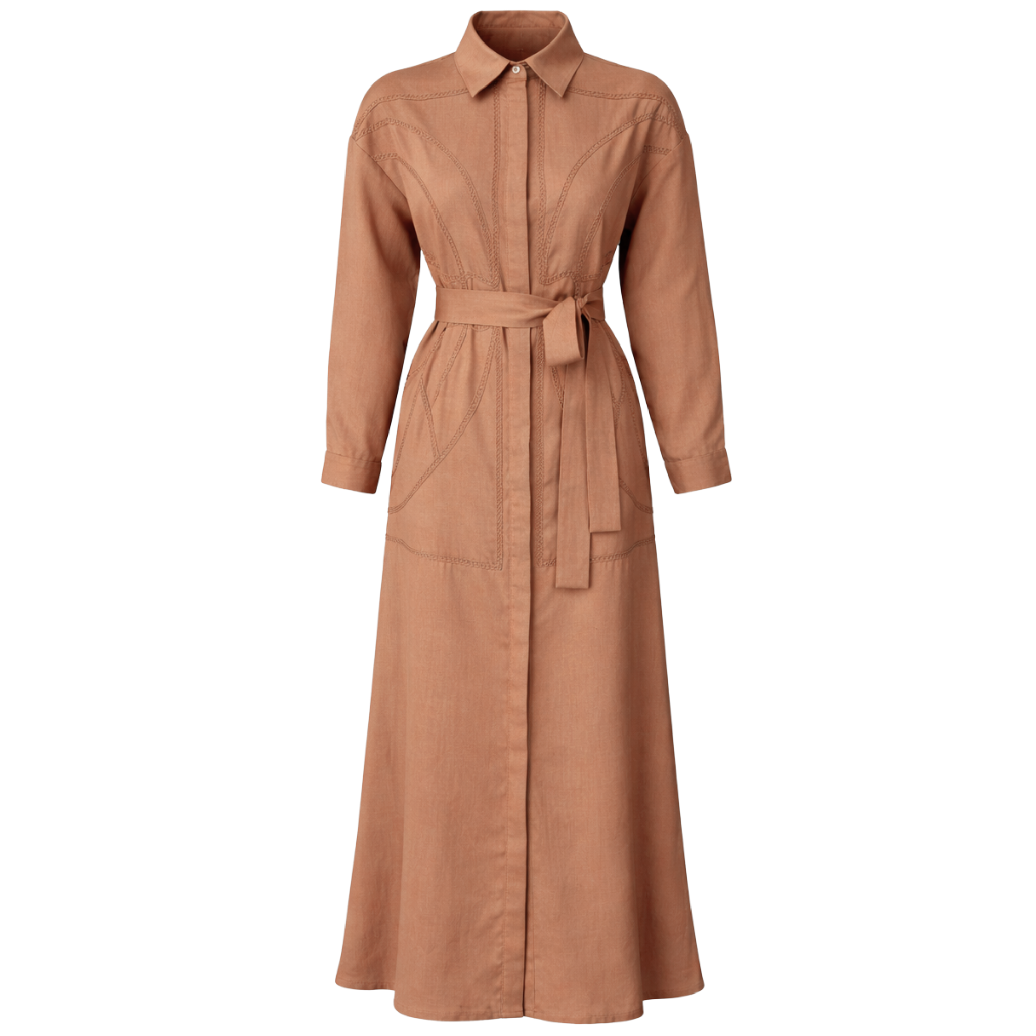 EMBROIDERY DETAIL MAXI LENGTH LINEN DRESS CARAMEL