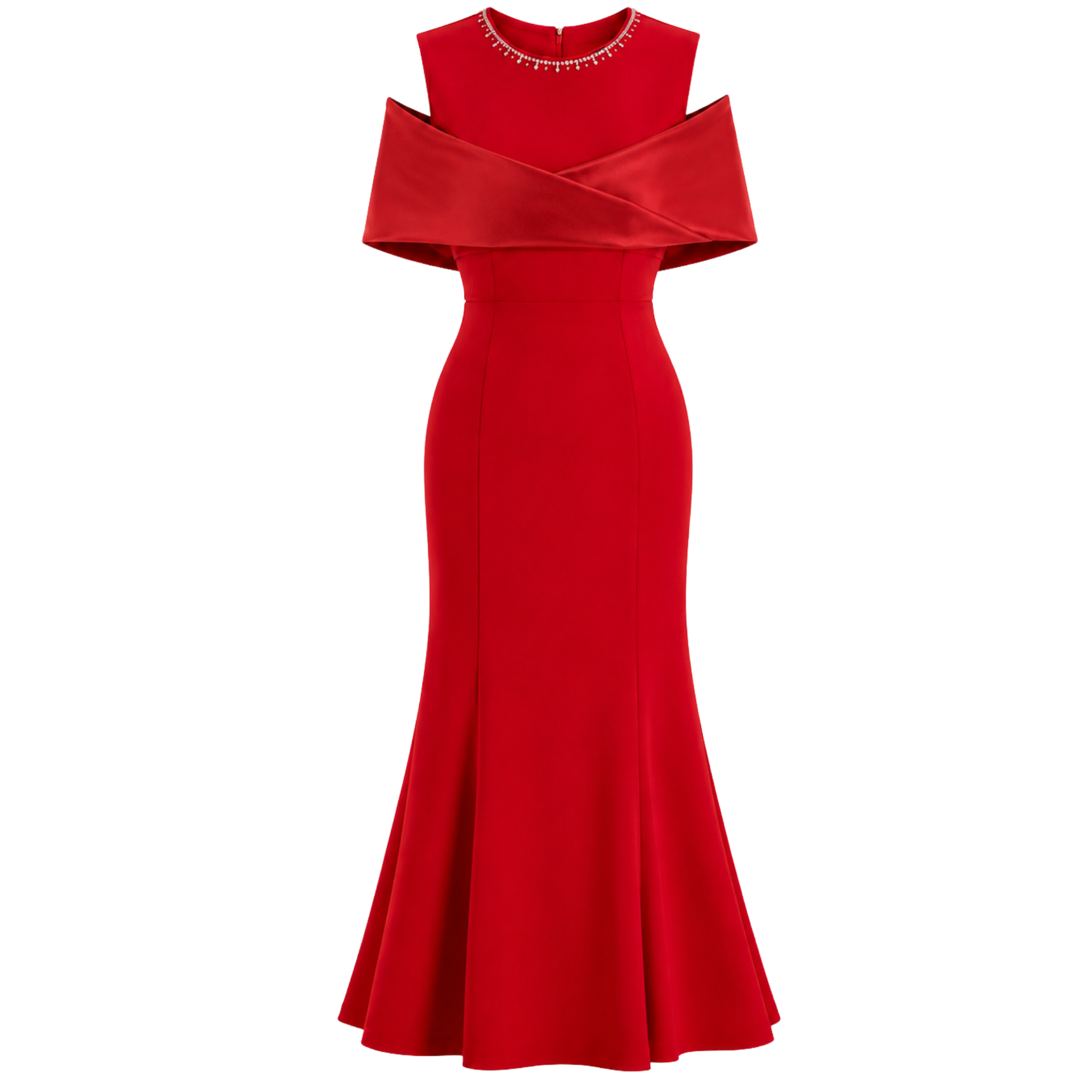 SHOULDER DETAIL RUFFLED SKIRT DRESS RED