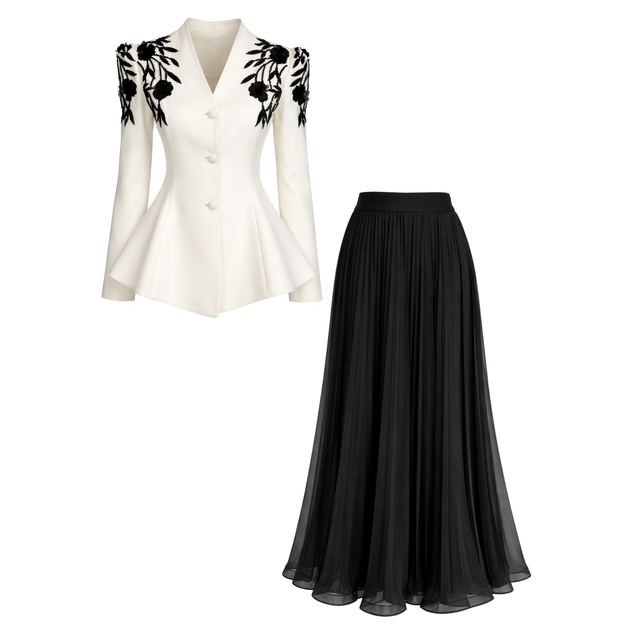 3D FLORAL SHOULDERS EMBROIDERED SET BLACK