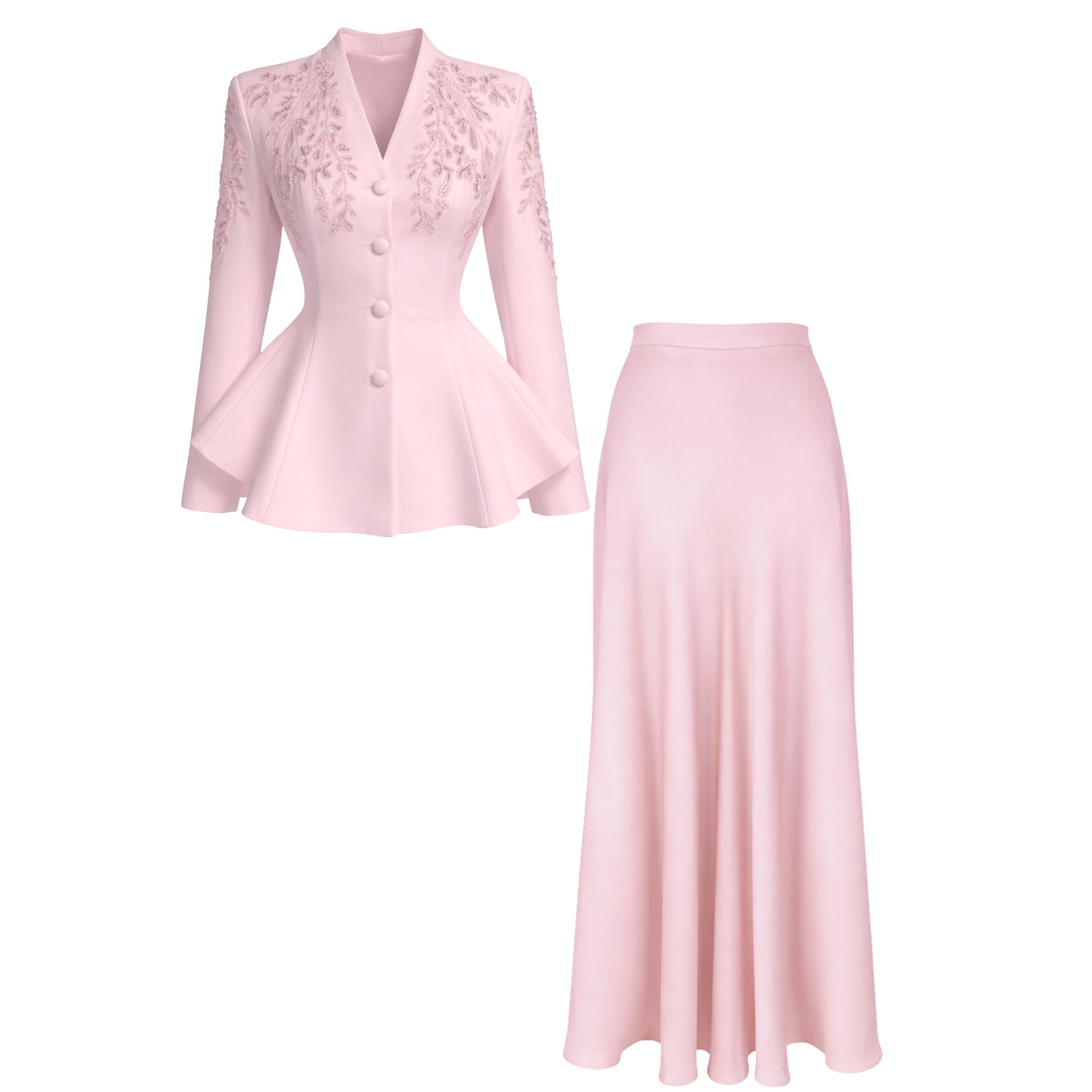 EMBROIDERY SHOULDERS DETAIL SKIRTED SET PINK