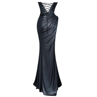 BELDEN DRAPE DETAY YIRTMAÇLI UZUN ABİYE ELBİSE ANTRASİT