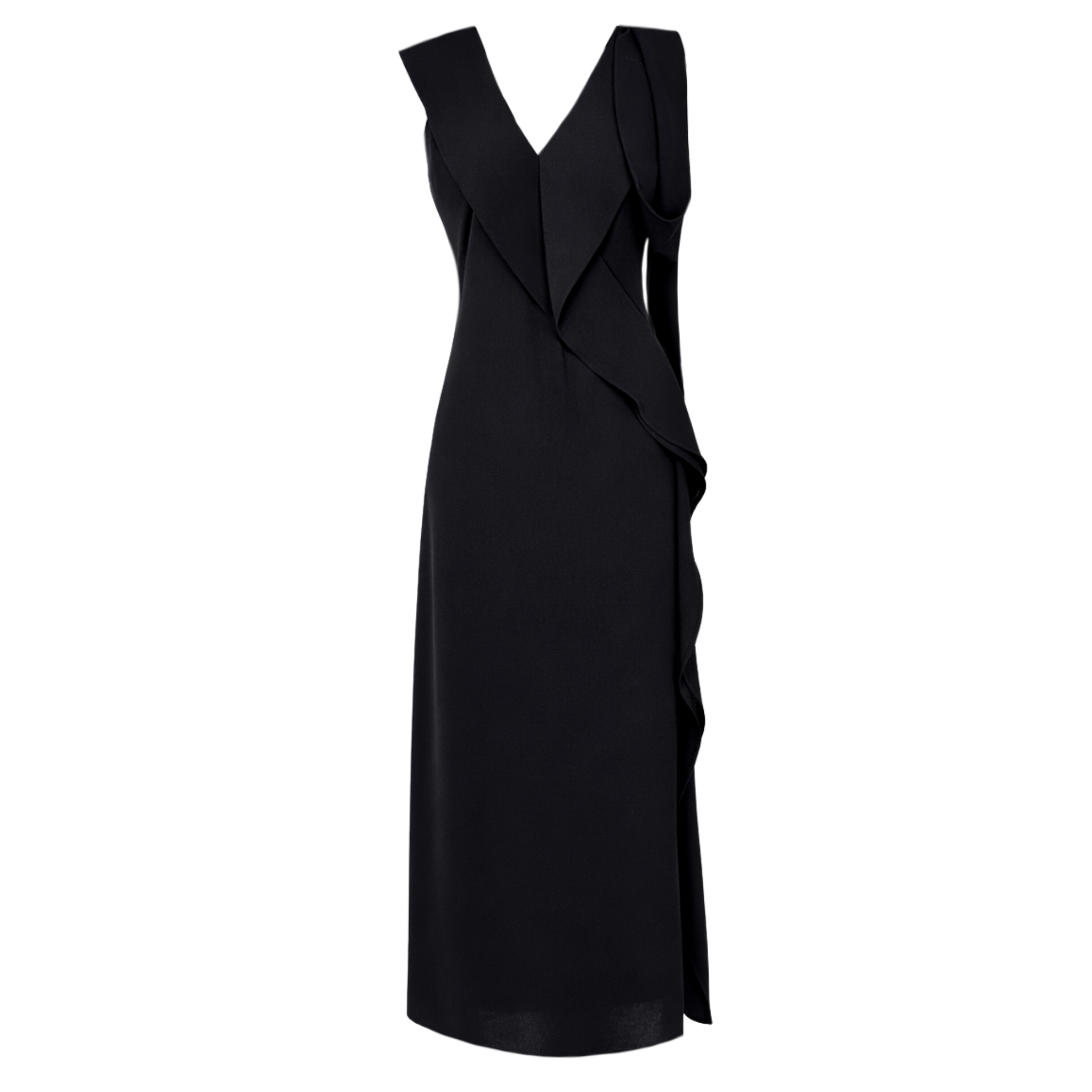 FRONT AND BACK V-NECK RUFFLE DETAIL DRESS BLACK