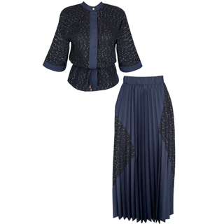 SEQUINED SKIRT AND JACKET SET, NAVY BLUE.
