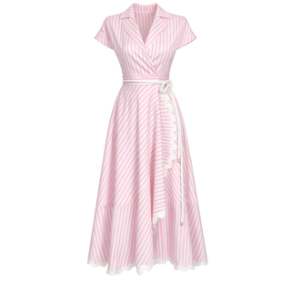 ETEĞİ VOLANLI KRUVAZE MODEL ÇİZGİLİ ELBİSE PEMBE