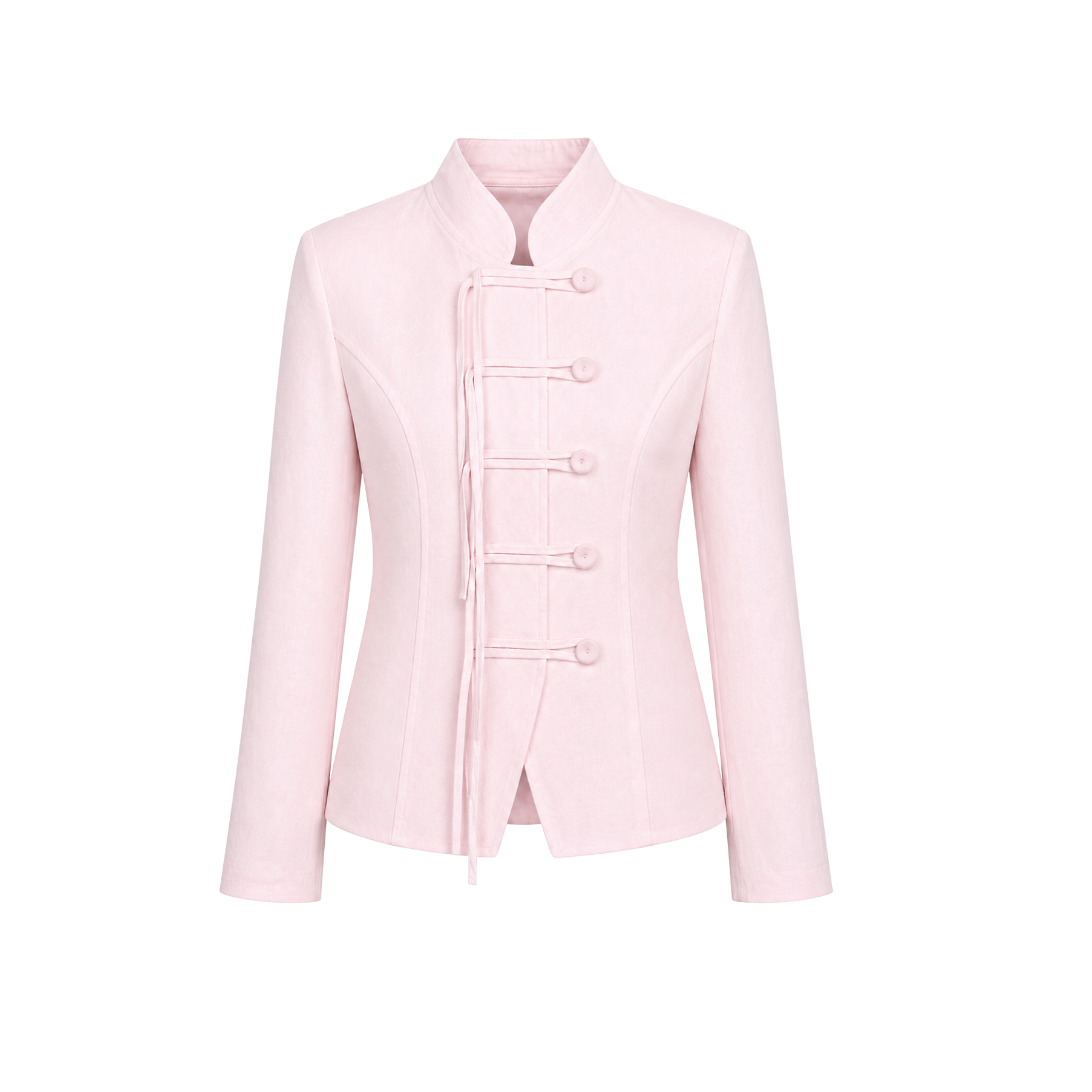 HIGH NECK BUTTON DETAIL 100% LINEN JACKET PINK