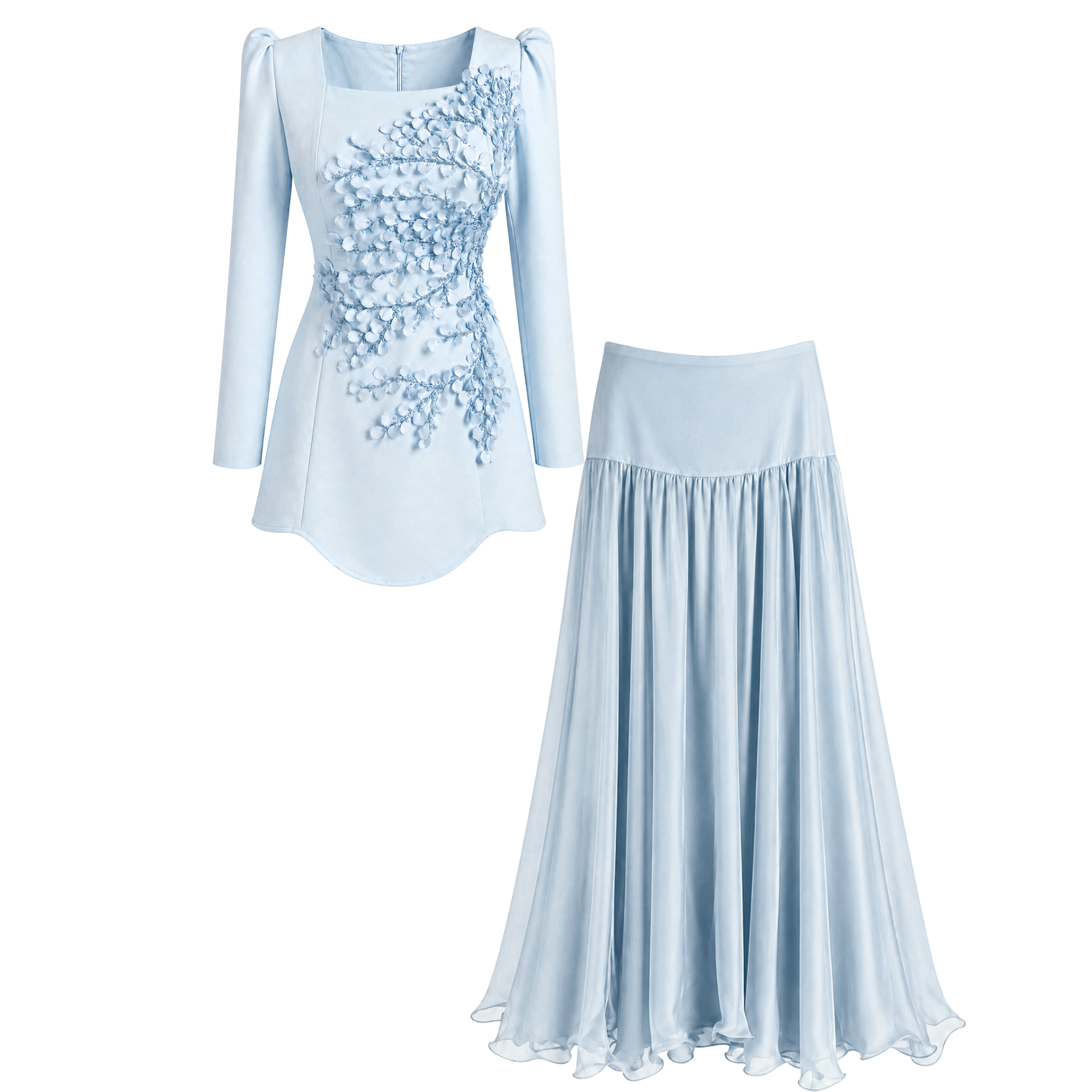 PEONY EMBROIDERY DETAIL SKIRTED SET BLUE