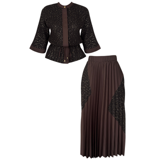 SEQUINED SKIRT AND JACKET SET, BROWN.