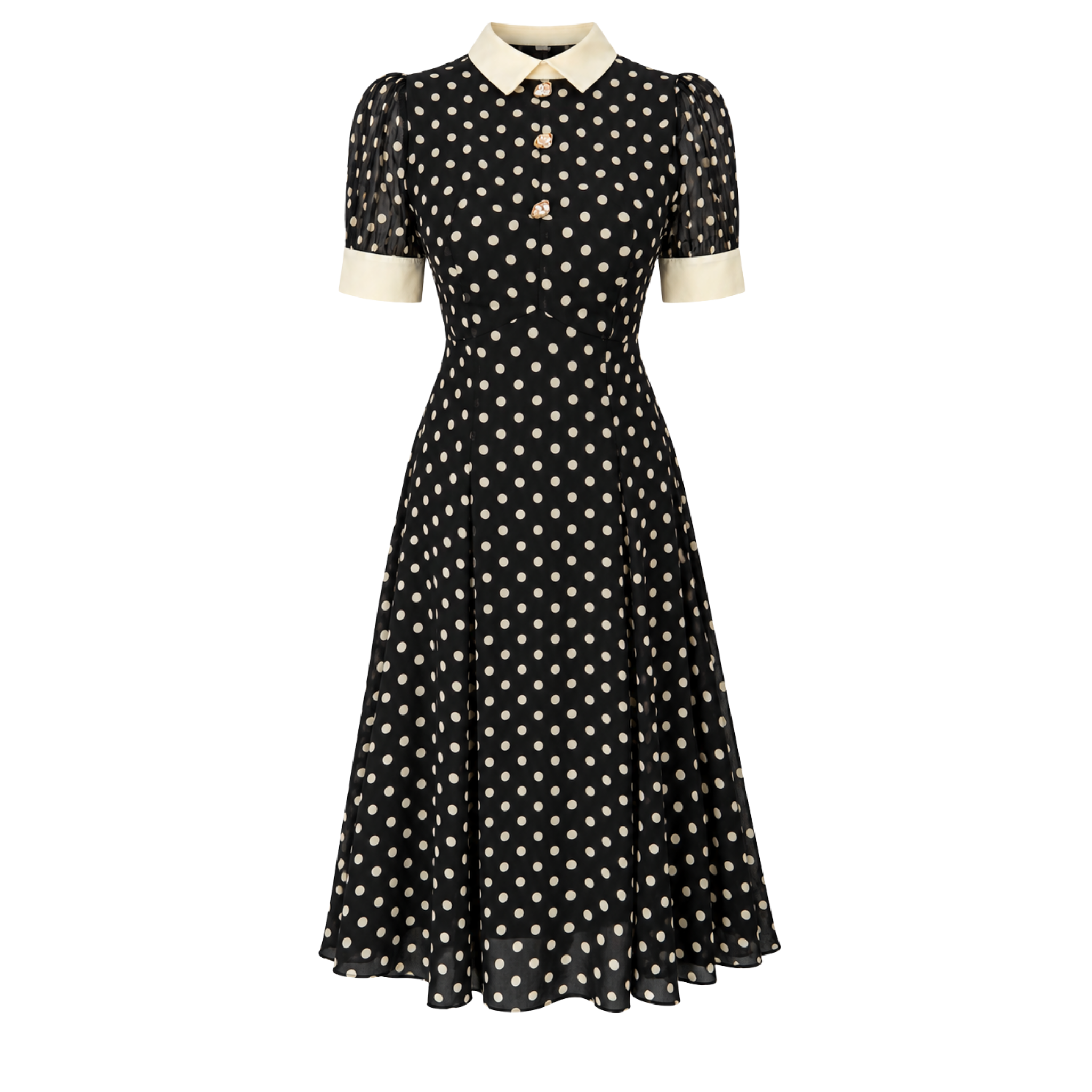 COLLAR AND SLEEVE DETAIL POLKA DOT CHIFFON DRESS BLACK