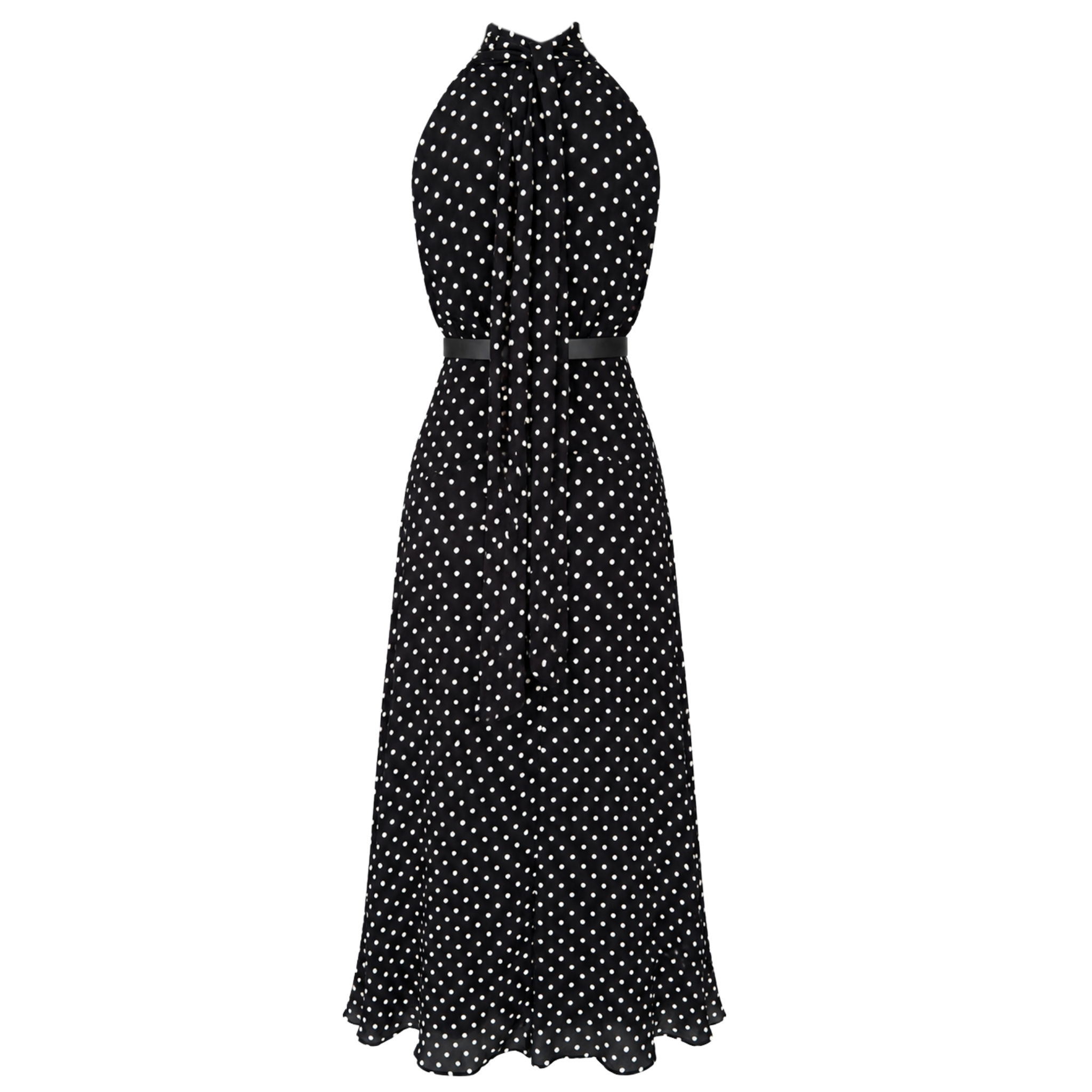 AT THE NECK TIE-FASTENING POLKA DOT PATTERN DRESS BLACK