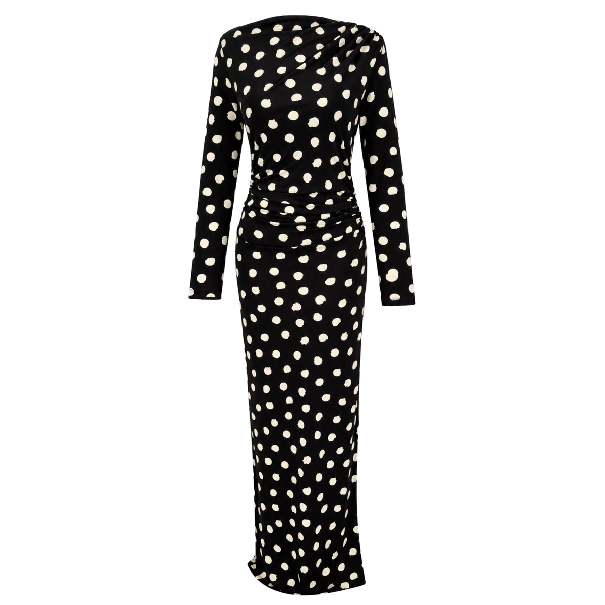 POLKA DOT DRAPE DETAIL MAXI DRESS BLACK