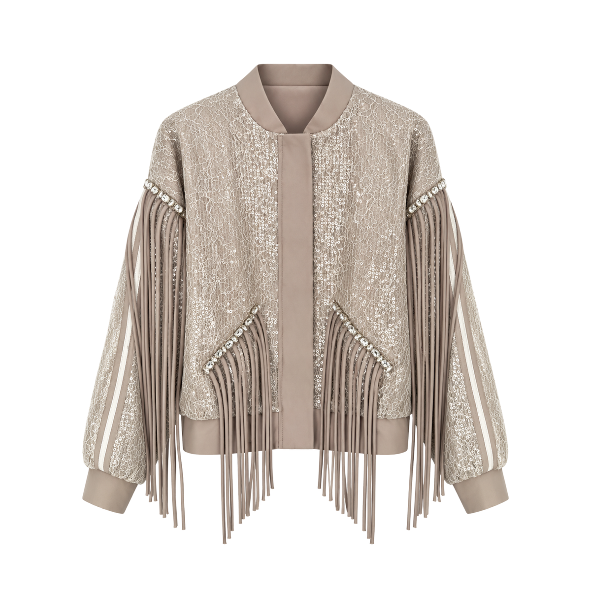 TASSEL AND SEQUIN DETAIL DESIGN JACKET AND TROUSER SET STONE