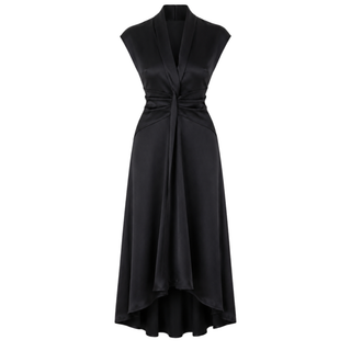 V YAKA %100 RAYON SATEN IŞILTILI ELBİSE SİYAH