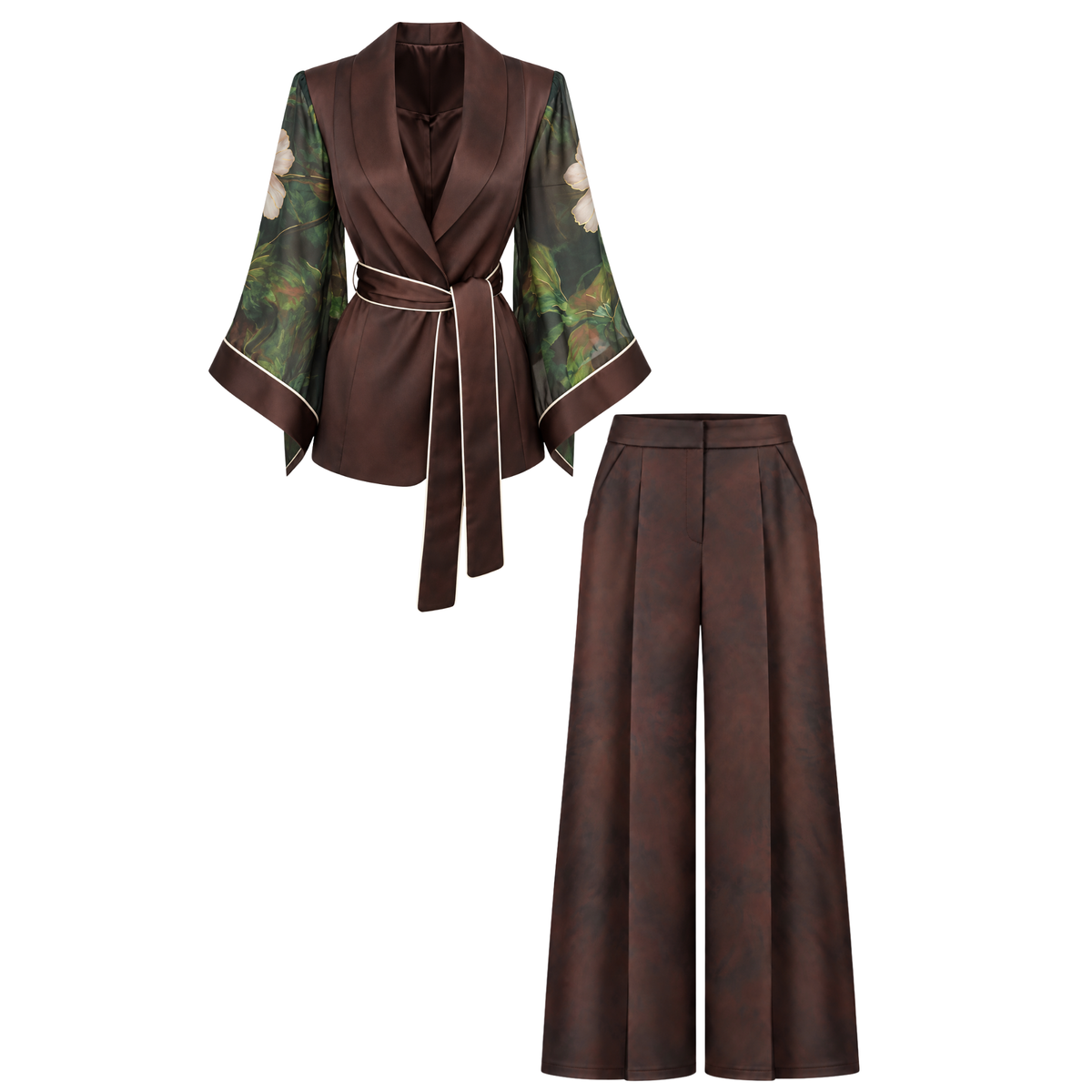 FABRIC MIX SLEEVE DETAIL SATIN SET BROWN