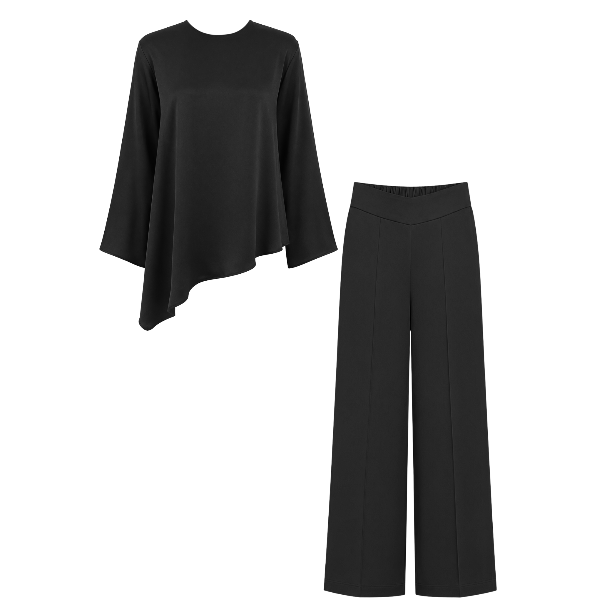ASYMMETRIC CUT 100% RAYON SATIN SHIMMER SET BLACK