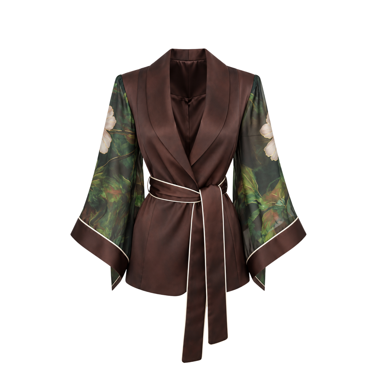 FABRIC MIX SLEEVE DETAIL SATIN SET BROWN