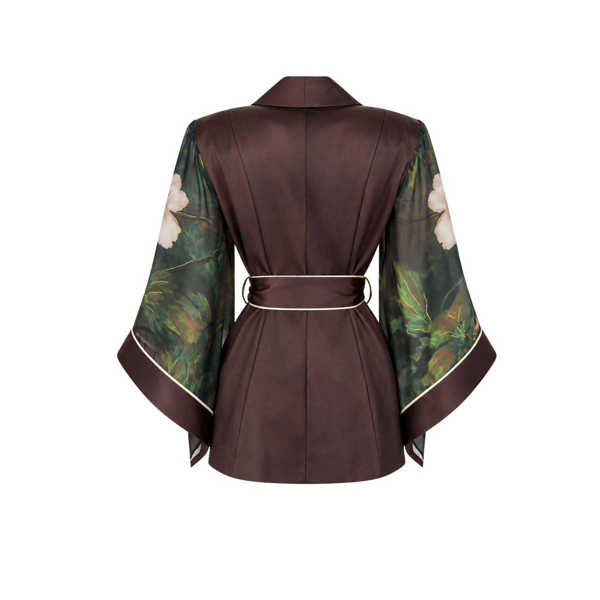 FABRIC MIX SLEEVE DETAIL SATIN SET BROWN