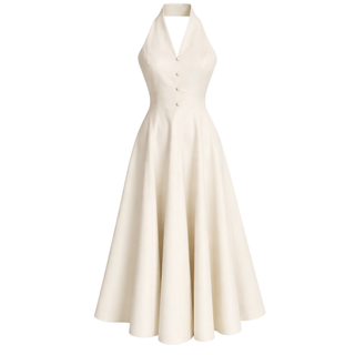 ASİMETRİK YAKA SIRT DEKOLTELİ COTTON ELBİSE EKRU