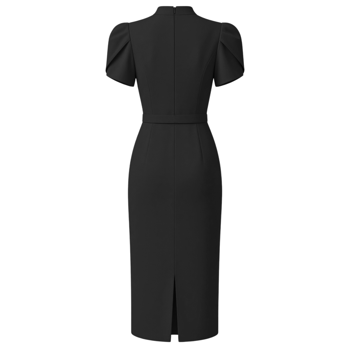 HIGH NECK BELT DETAIL PENCIL DRESS BLACK