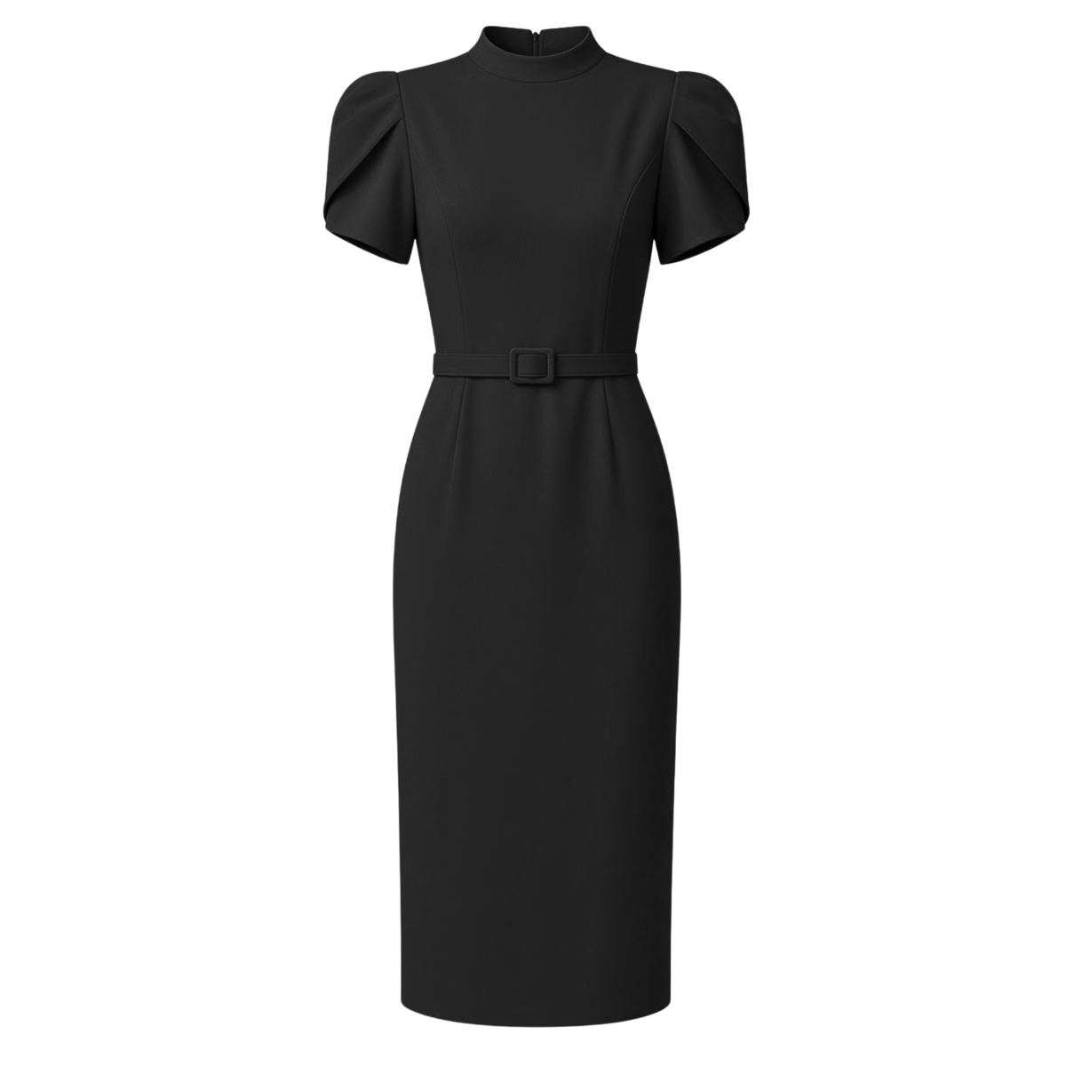 HIGH NECK BELT DETAIL PENCIL DRESS BLACK