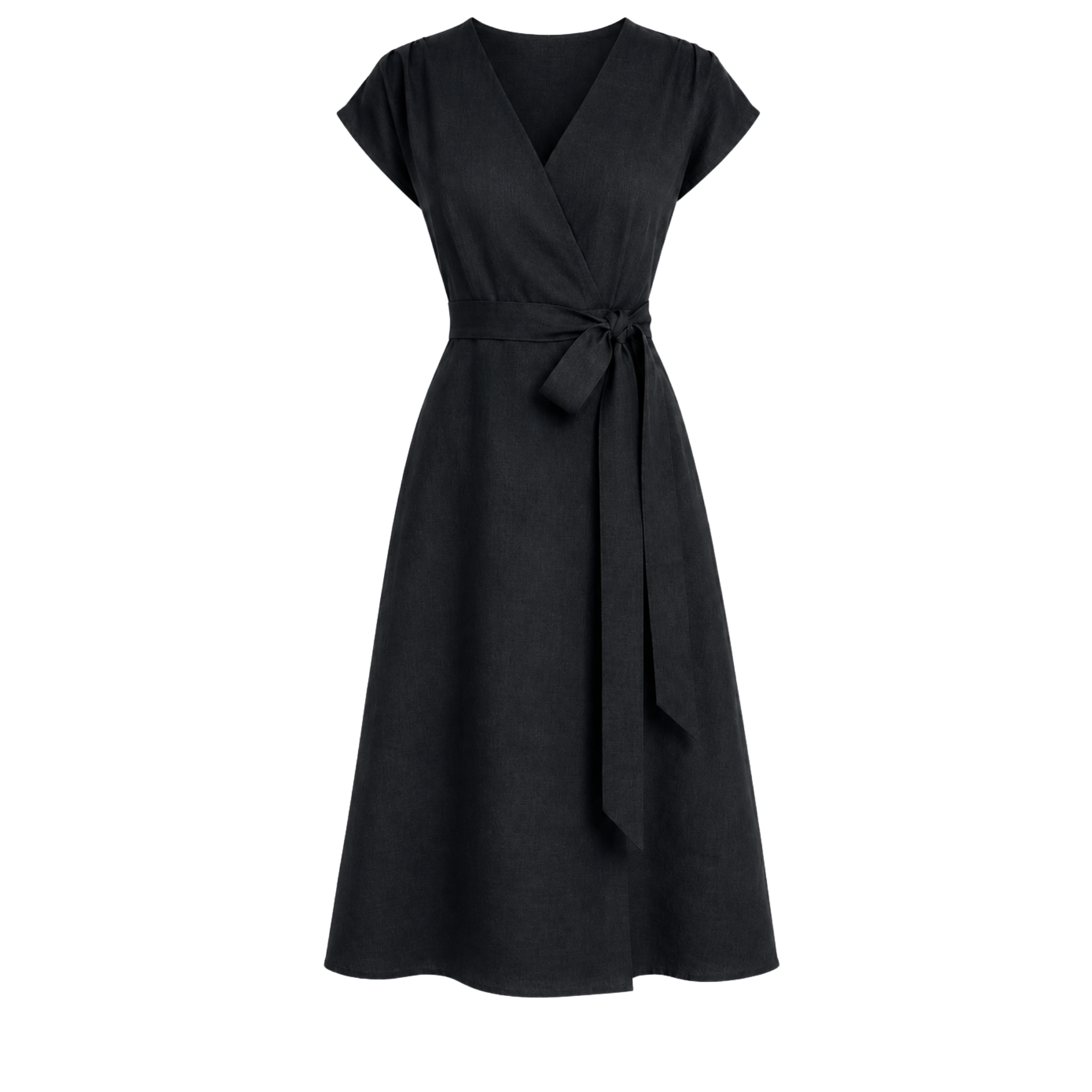 100% LINEN WRAP NECK DRESS BLACK