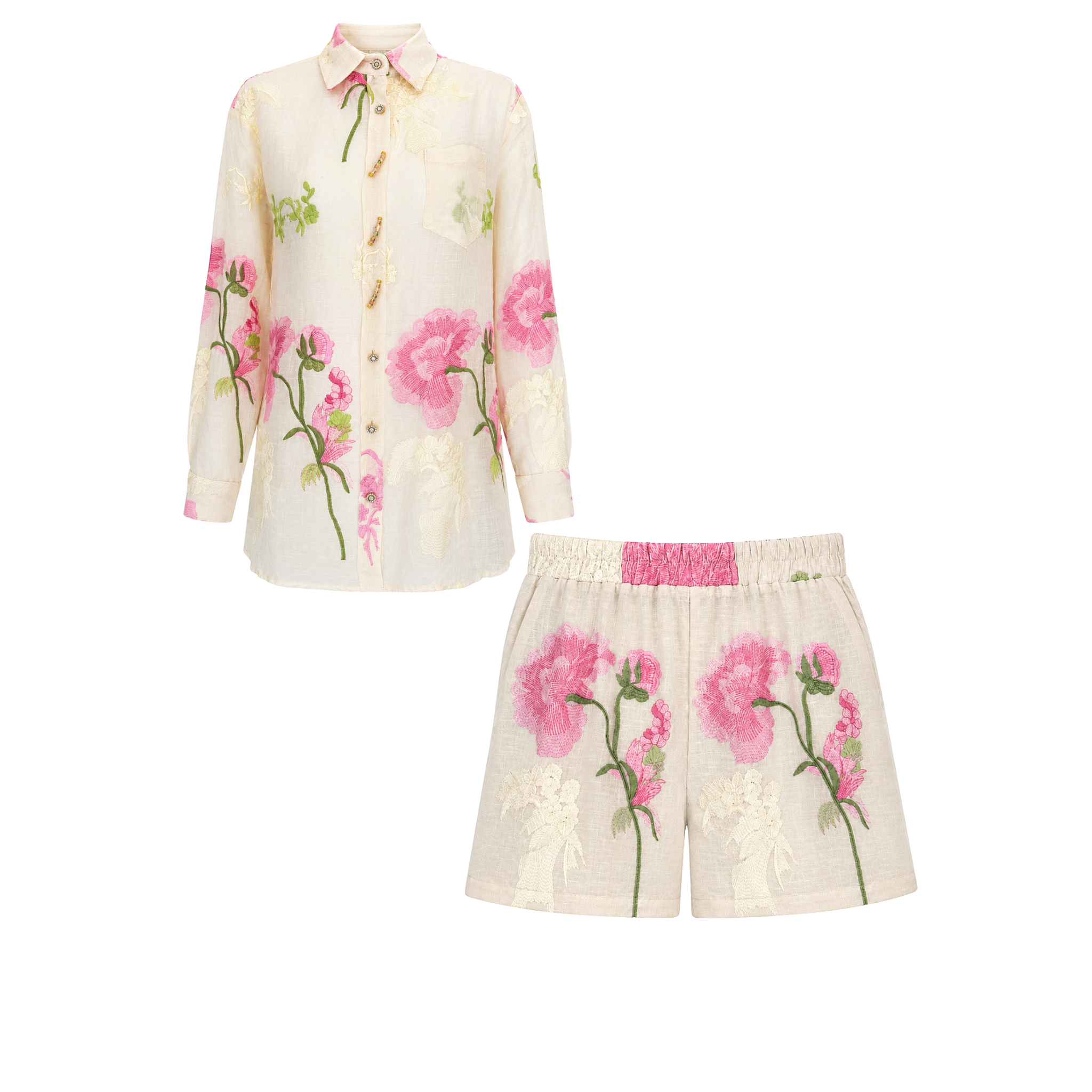 FLORAL EMBROIDERY DETAIL SHIRT AND SHORTS SET BEIGE