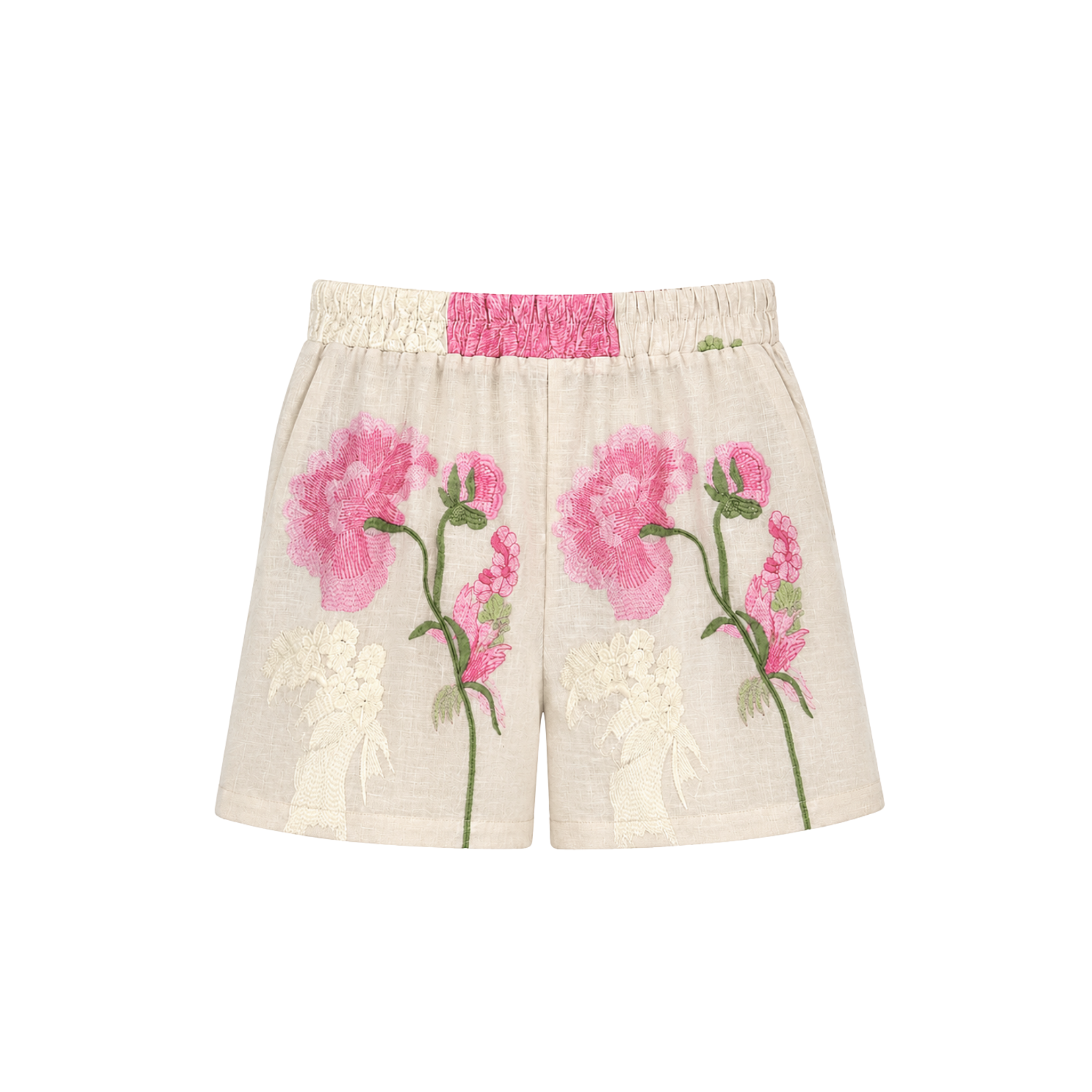 FLORAL EMBROIDERY DETAIL SHIRT AND SHORTS SET BEIGE