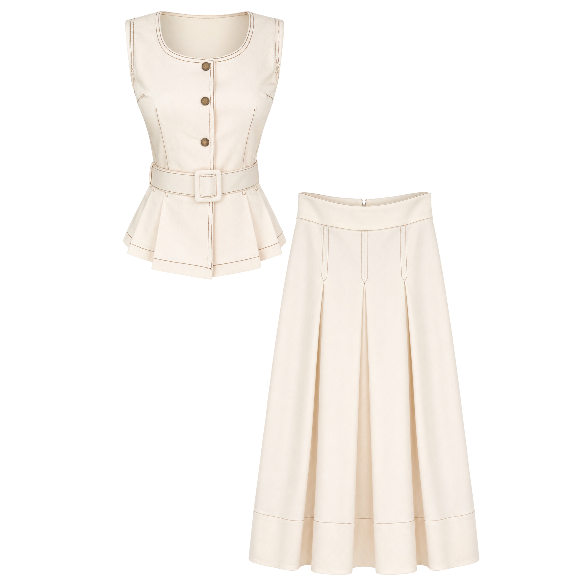PLEAT DETAIL VEST AND SKIRT SET ECRU