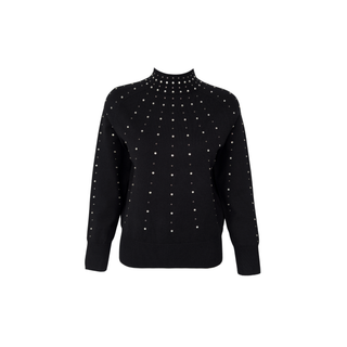 Raglan sleeve, stand-up collar, rhinestone embellished knit sweater, black.
