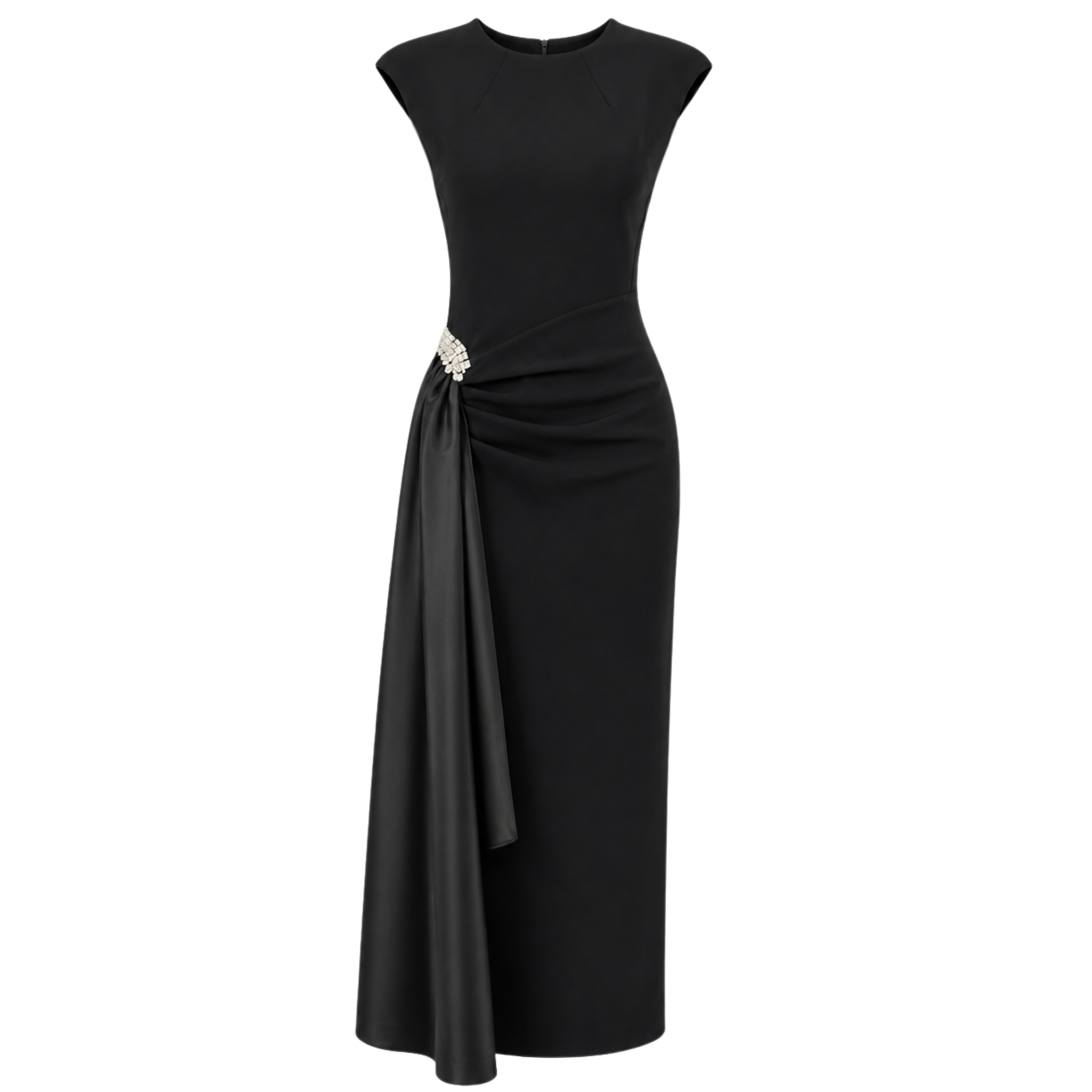 STONE-EMBROIDERED FABRIC MIX DRAPED DRESS BLACK