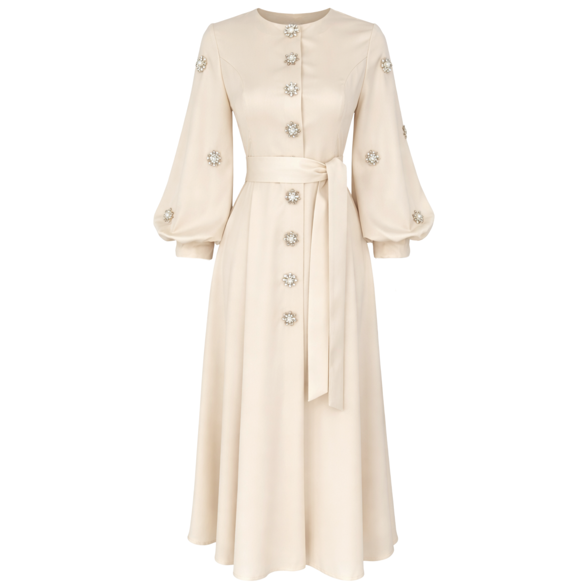 STONE-EMBROIDERED WAIST SASH DETAIL DRESS CREAM