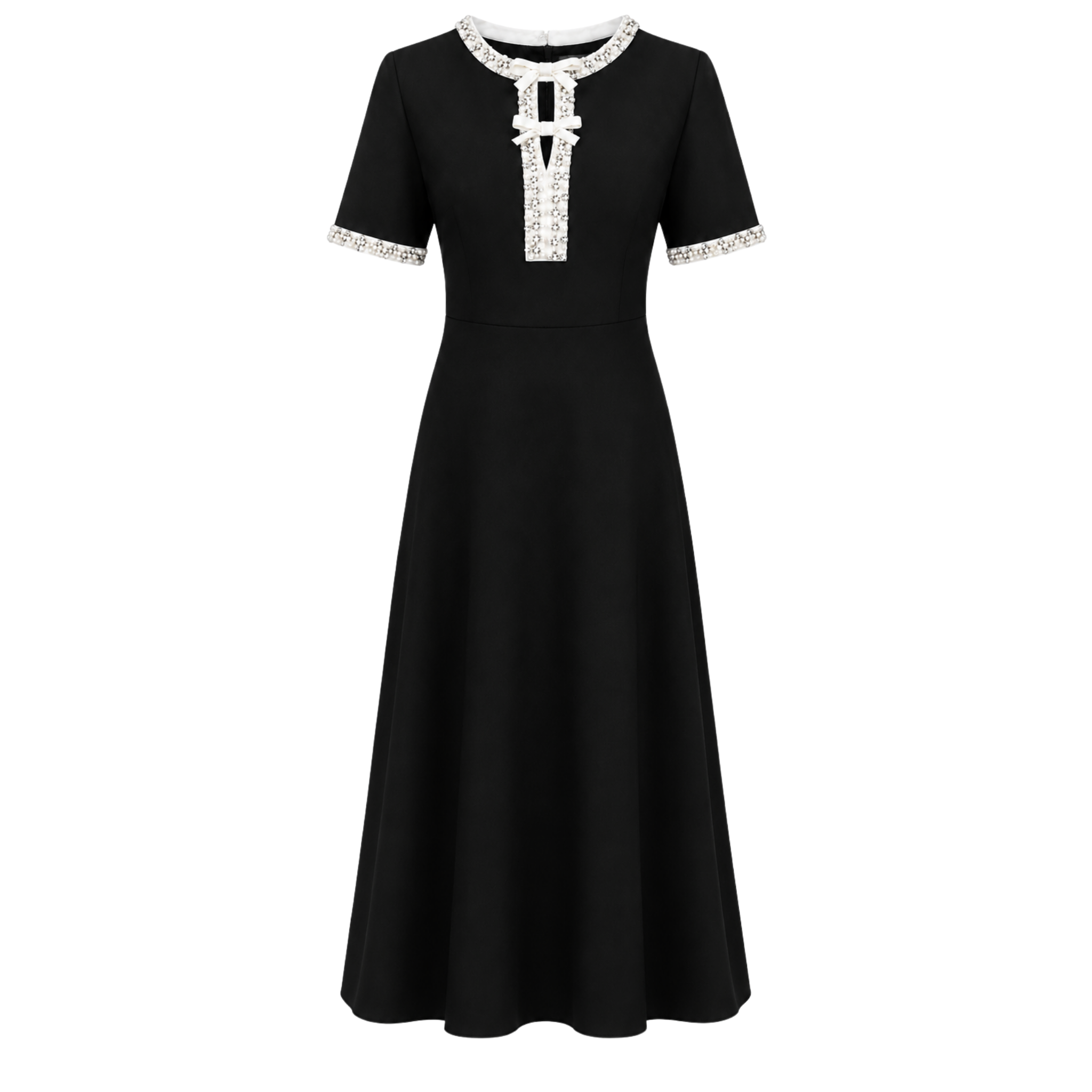 COLLAR AND STONE EMBROIDERED SLEEVES MIDI LENGTH DRESS BLACK