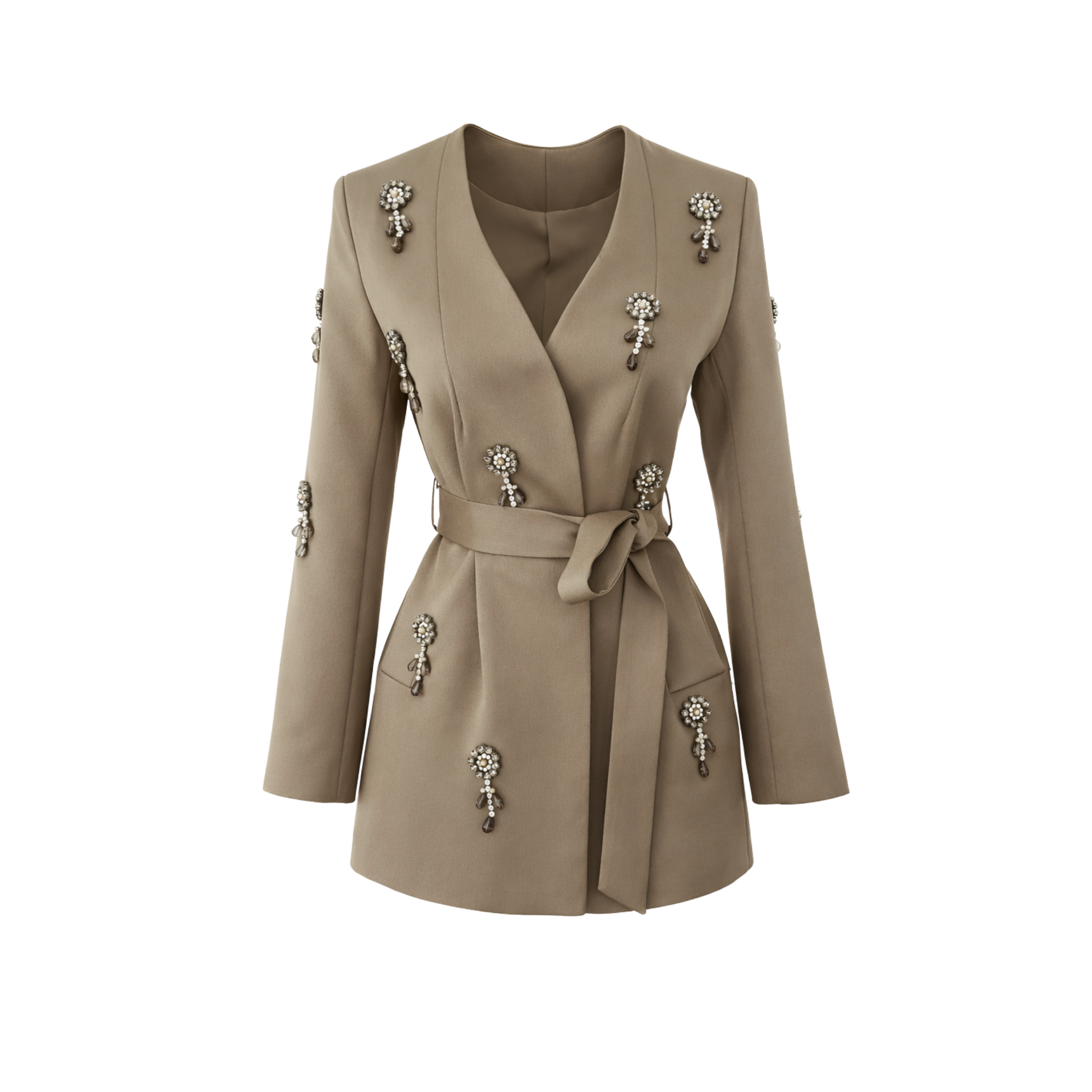 STONE-EMBROIDERED BELTED WAIST SET MINK
