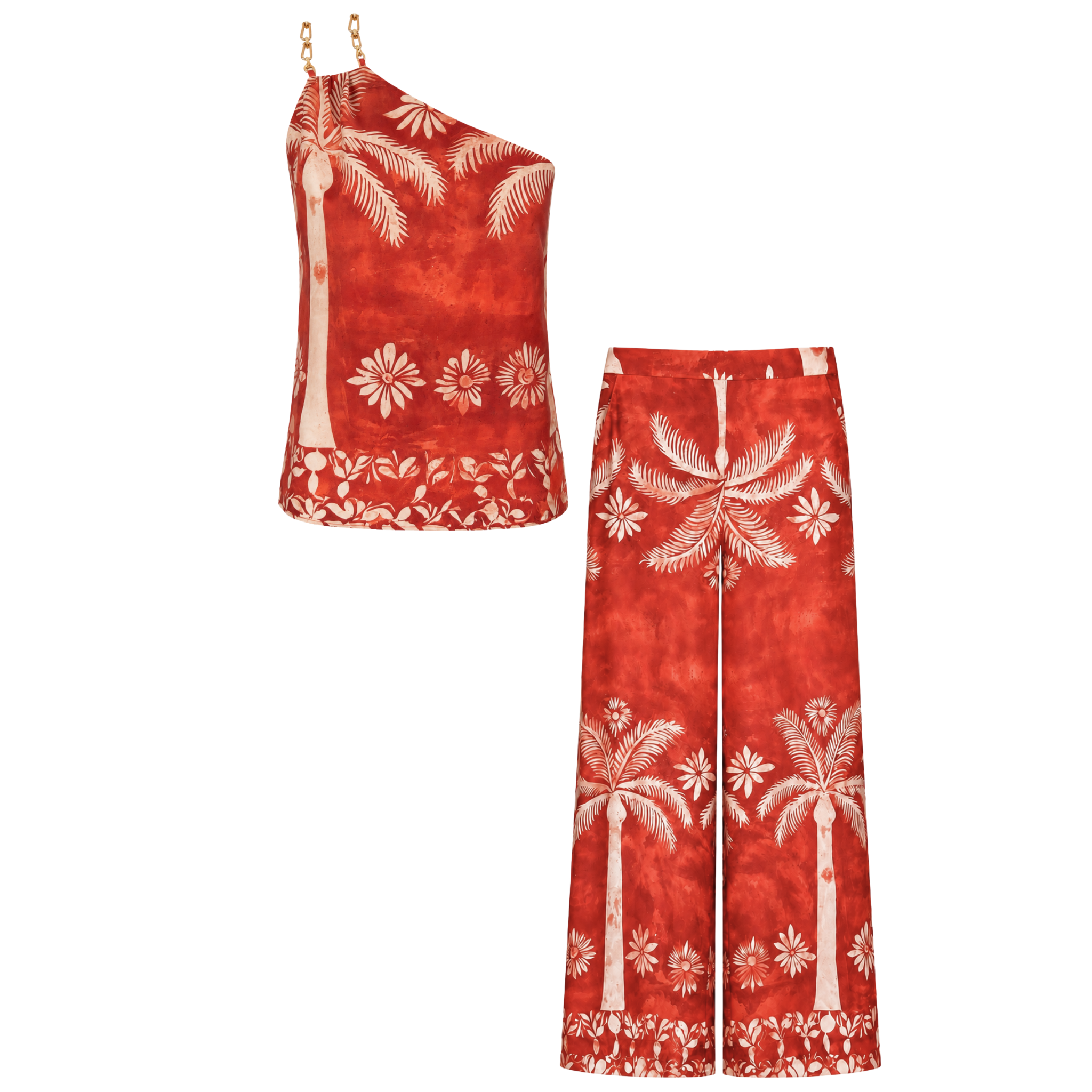 TROPICAL PRINT ASYMMETRIC NECKLINE SET CORAL