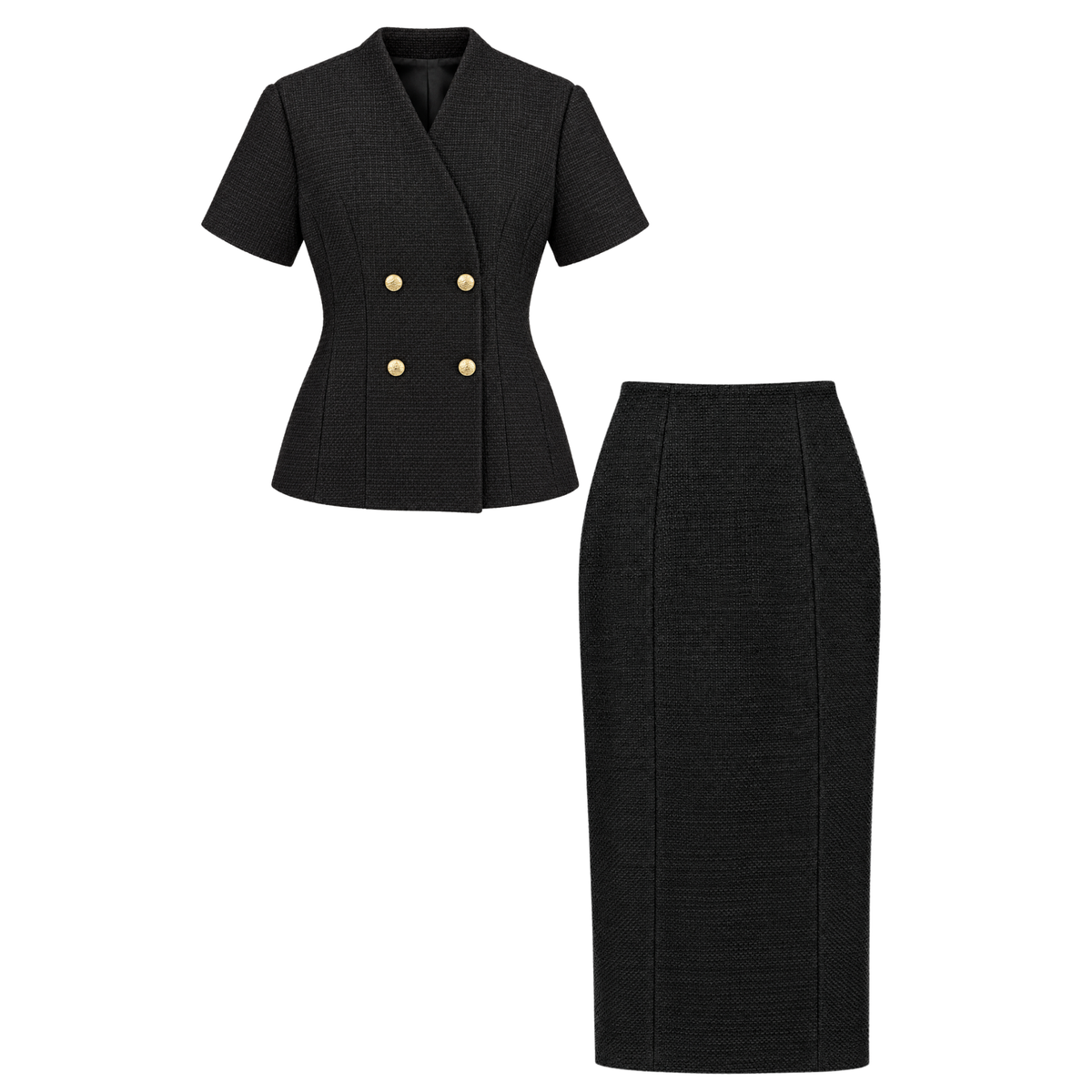GOLD BUTTONED SHORT SLEEVE TWEED JACKET AND SKIRT SET BLACK