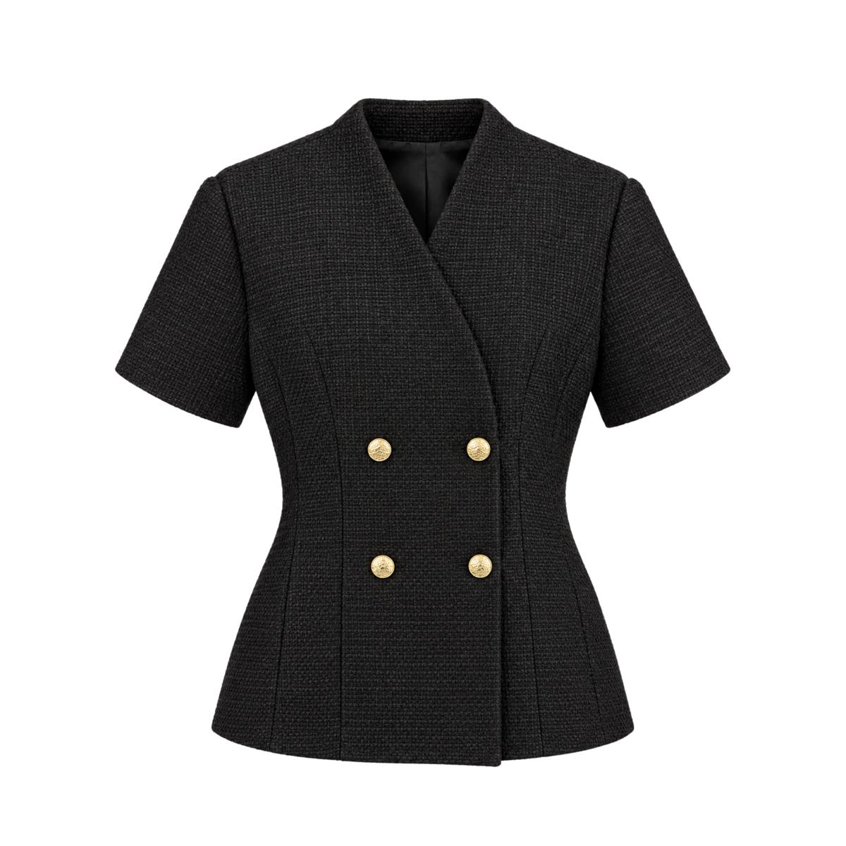 GOLD BUTTONED SHORT SLEEVE TWEED JACKET AND SKIRT SET BLACK
