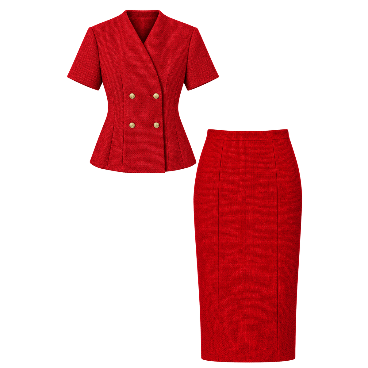 SHORT SLEEVE TWEED JACKET AND SKIRT SUIT GOLD BUTTONS RED
