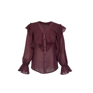 Ruffled V-NECK SEMI TRANSPARENT BLOUSE Claret Red
