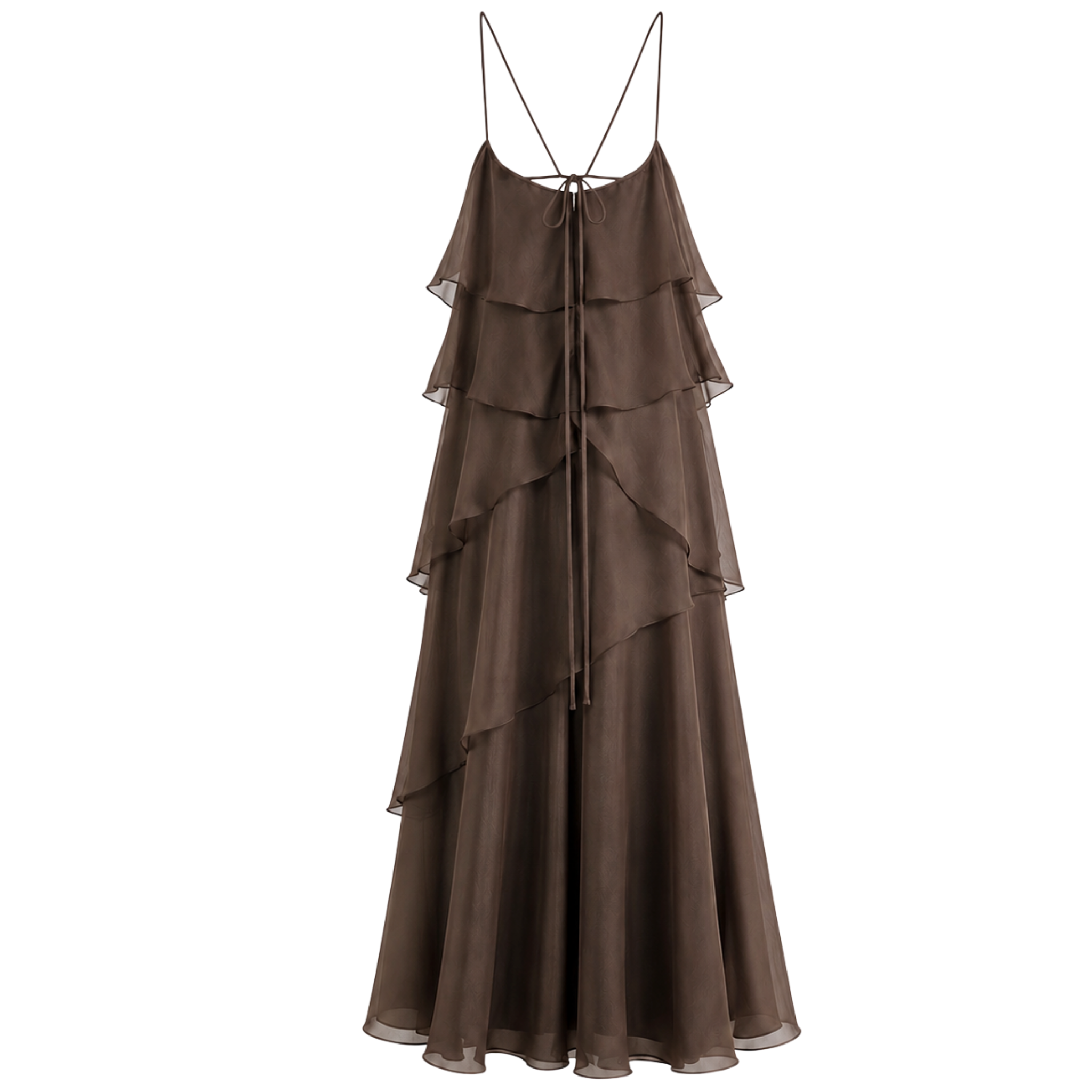 BACK LOW-CUT RUFFLED MAXI LENGTH DRESS BROWN