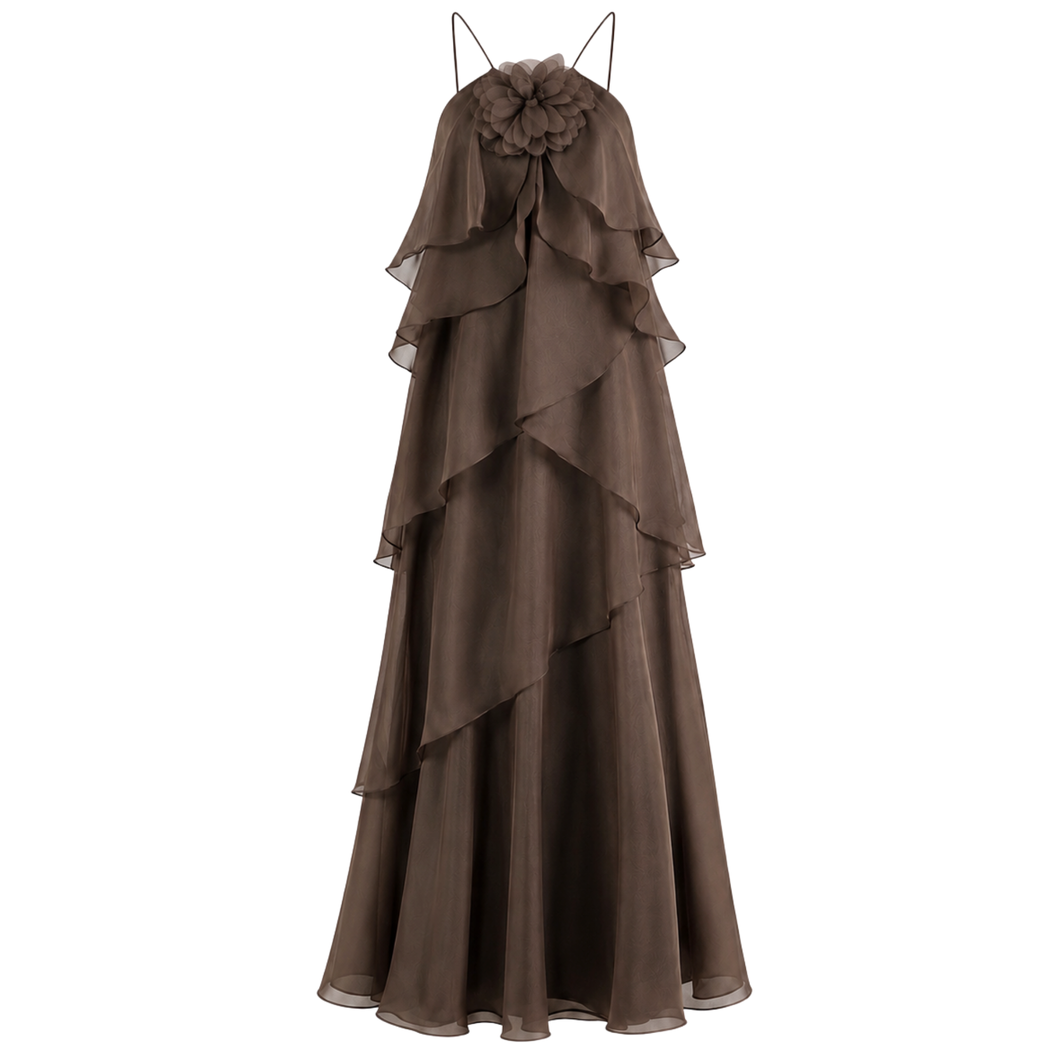 BACK LOW-CUT RUFFLED MAXI LENGTH DRESS BROWN