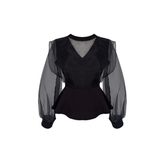 ORGANZA TULLE BALLOON SLEEVE RUFFLED BLOUSE BLACK