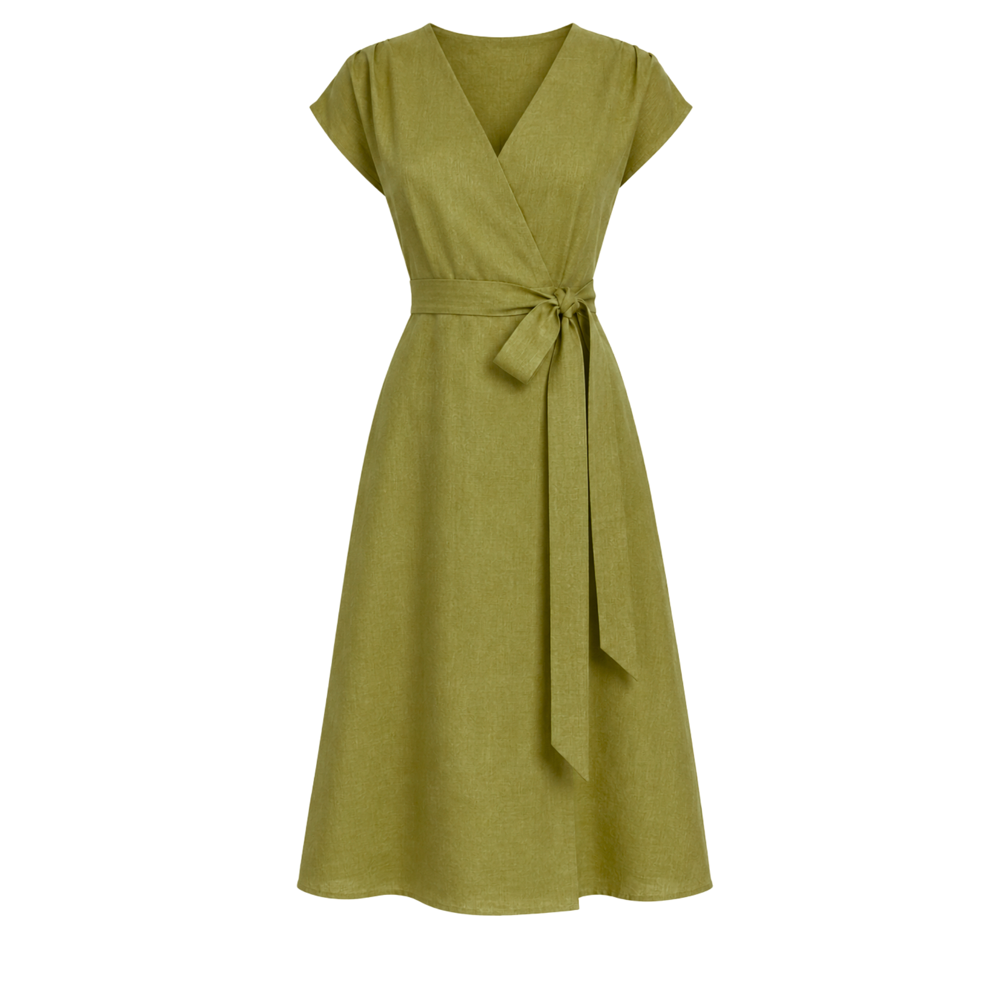 100% LINEN WRAP NECK DRESS OLIVE GREEN