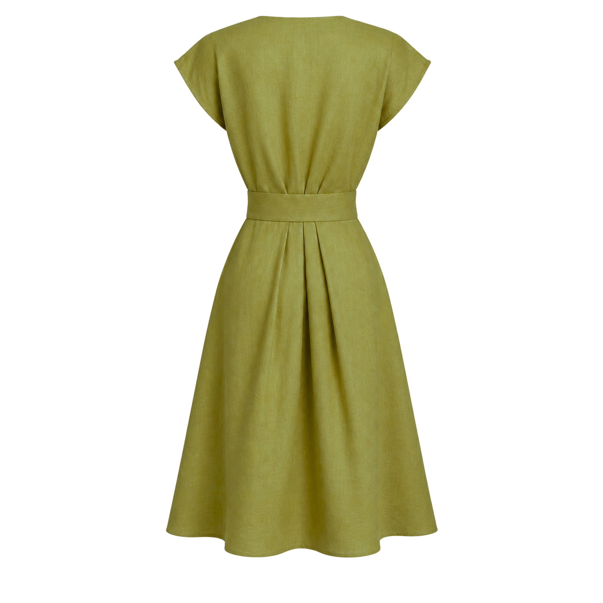100% LINEN WRAP NECK DRESS OLIVE GREEN