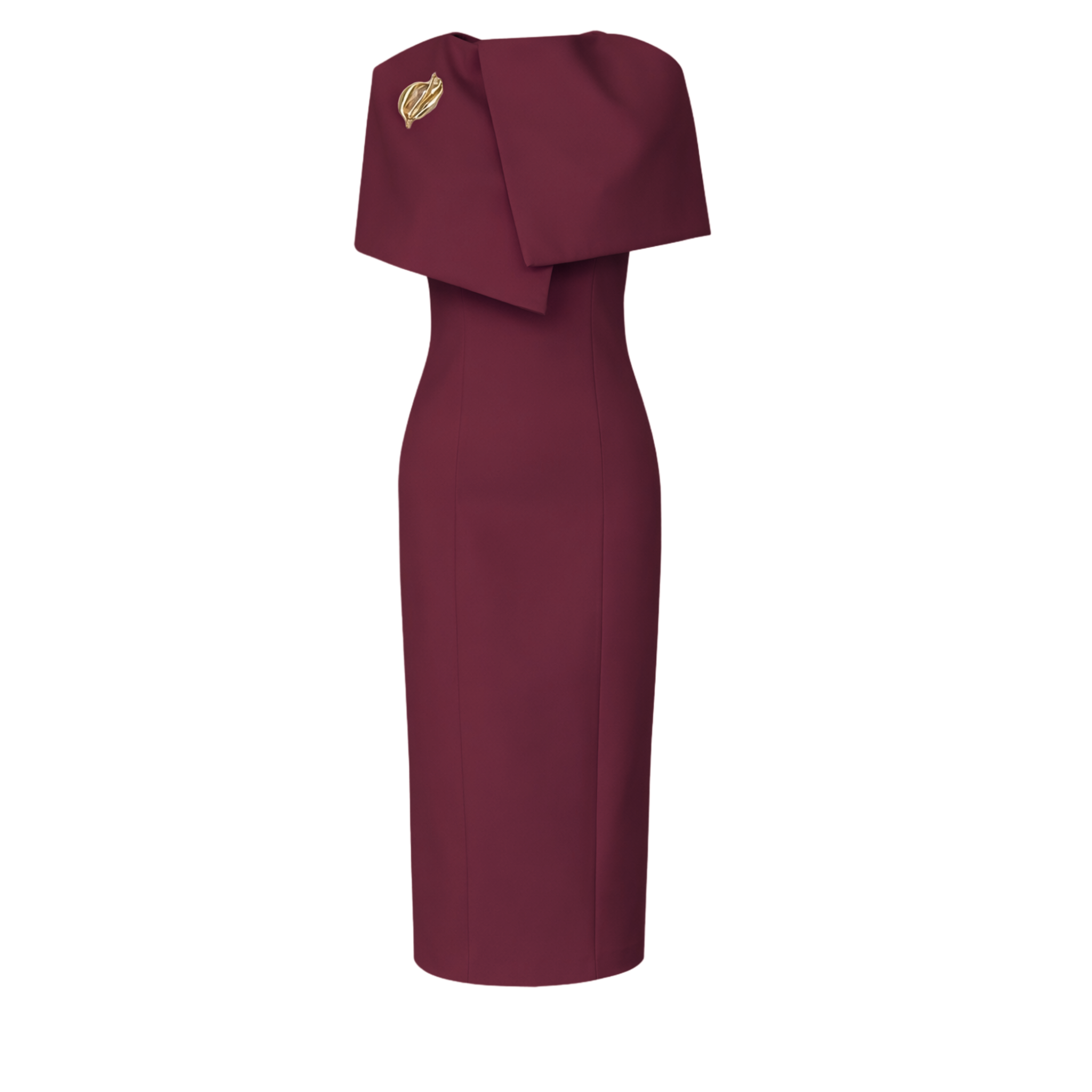 COLLAR DETAIL BROOCH-DETAILED PENCIL DRESS BURGUNDY