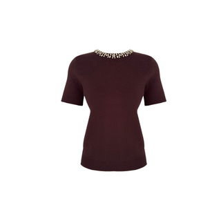 SHORT-SLEEVE KNITTED SWEATER WITH STONE EMBELLISHMENT ON THE COLLAR, DARK BROWN.