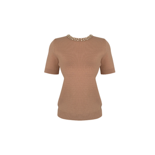 STONE EMBROIDERED COLLAR SHORT SLEEVE KNITWEAR CAMEL
