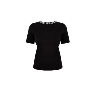 BLACK SHORT-SLEEVE KNITTED SWEATER WITH STONE EMBELLISHMENT ON THE COLLAR