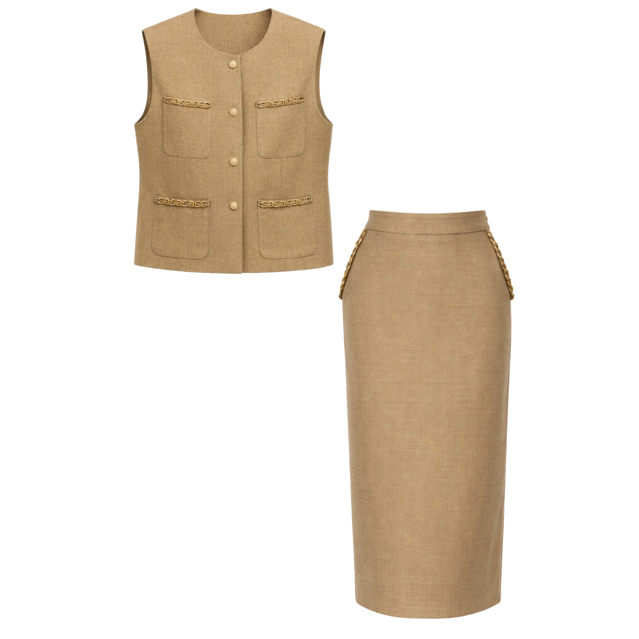 CHAIN DETAIL VEST AND PENCIL SKIRT SET CAMEL