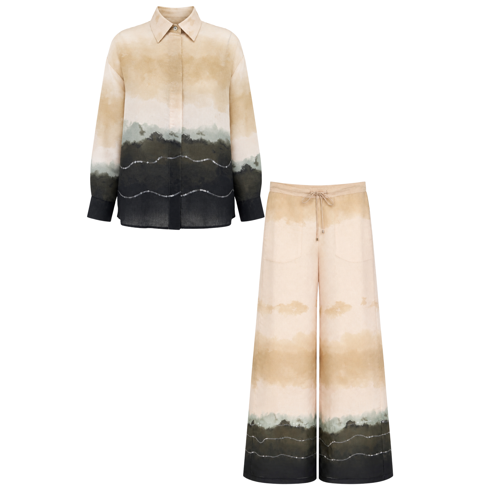 TIE-DYE PATTERN SEQUIN EMBROIDERY DETAIL SET BEIGE