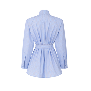 BELİ KEMERLİ ÇİZGİ DETAY COTTON GÖMLEK MAVİ